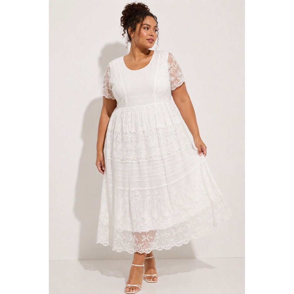 ASOS Curve White Embroidered Lace Midi Dress Plus Size US 16 Boho Cottagecore